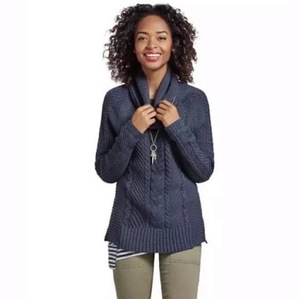 CAbi 3168 Navy Cable Knit Cowl Neck Sweater